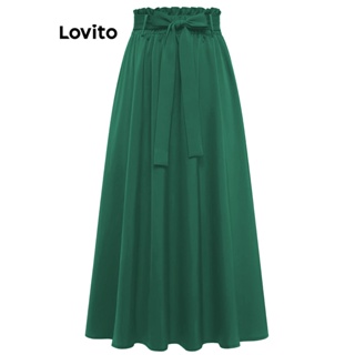 Lovito Saia Frontal Elegante Com Cinto Liso E Gravata Para Mulheres LNE31202 (Verde Preto)