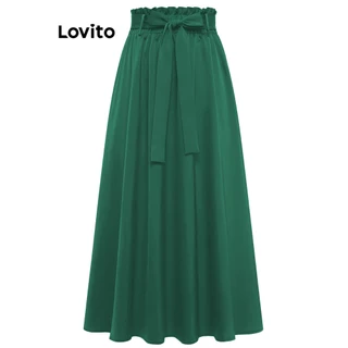 Lovito Elegante Saia Feminina Lisa com Cinto e Laço Frontal LNE31202 (Verde/Preto)
