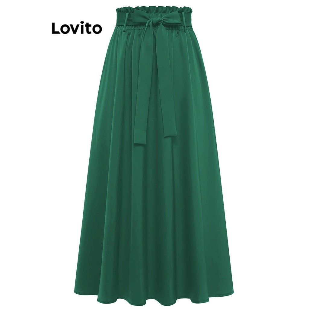Lovito Elegante Saia Feminina Lisa com Cinto e Laço Frontal LNE31202 (Verde/Preto)