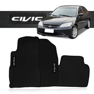 Tapete Honda Civic 2001 a 2006 Borracha Pvc Automotivo Traseira Inteiriça Logo Bordado Preto 3 Peças