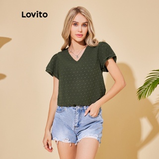 Lovito Blusa de Babados com Estampa de Poá Jacquard para Mulheres LBL06047 (Verde Escuro)