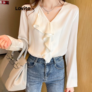 Lovito Blusa Elegante Com Babados Lisos Para Mulheres LNE41150