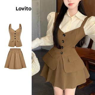 Lovito Conjunto De Saia Casual Com Botão Liso E Bolso Falso Para Mulheres L73AD057