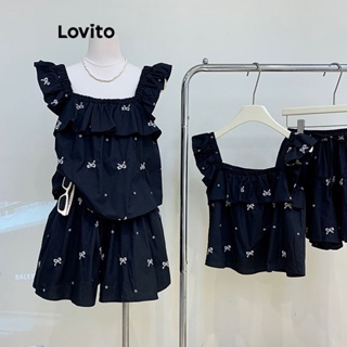 Lovito Conjuntos De Shorts Femininos Casuais Com Acabamento Em Alface Lisa L74ED279