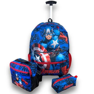 Kit Mochila escolar de Rodinhas Capitão América Lancheira térmica e estojo