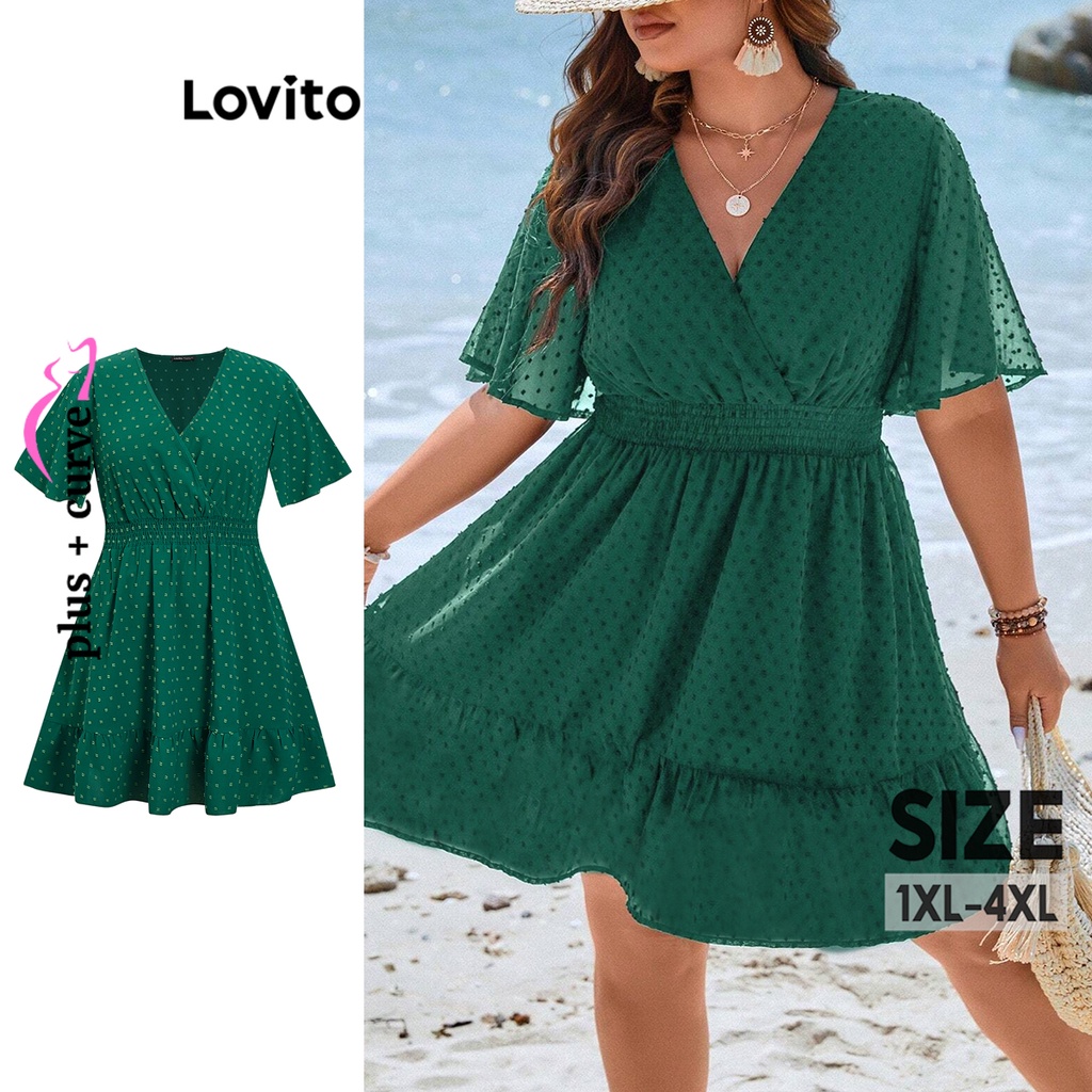 Lovito Plus Size Vestido Transpassado Feminino Simples Boho em Tecido Jacquard de Bainha com Babado LBL07156