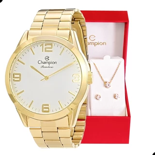Relógio Champion Feminino Analógico Dourado + Kit de Brincos e Colar Original À Prova d