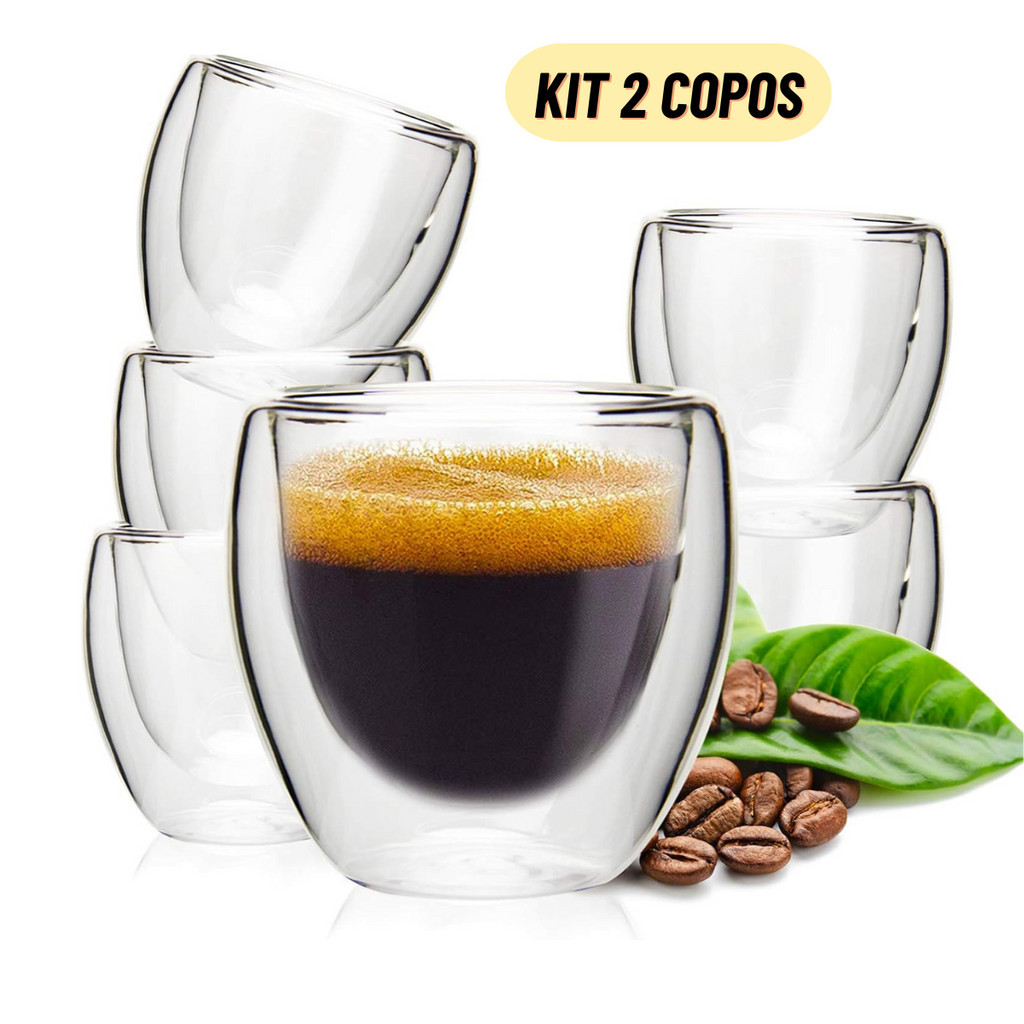Copo Parede Dupla de Vidro 80 ml para Café Chá Suco Cerveja Chopp Copo Duplo Isolante Kit 2