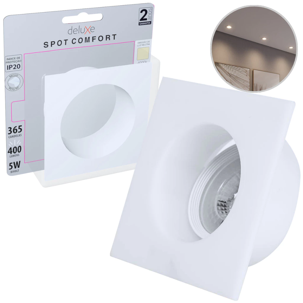 Spot de Led Comfort 4000k Branco Neutro 5w Recuado Quadrado Embutir 110v/220v Bivolt Branco Cód: 908831085 Deluxe