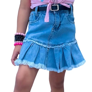 Saia Jeans Babado Infantil Juvenil 2 a 16 Desfiada Promoção