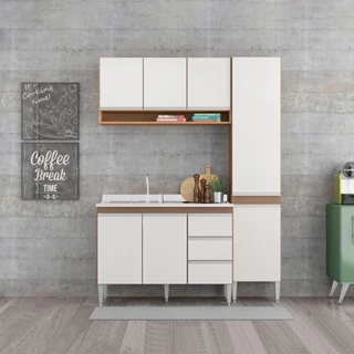 Cozinha Modulada Compacta com Balcão Pia Sabrina 160x202 Cm 3 Peças MDP Branco MENU