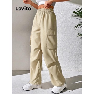 Lovito Casual Calça Feminina Lisa Plissada com Bolso LBE04007 (Cáqui)