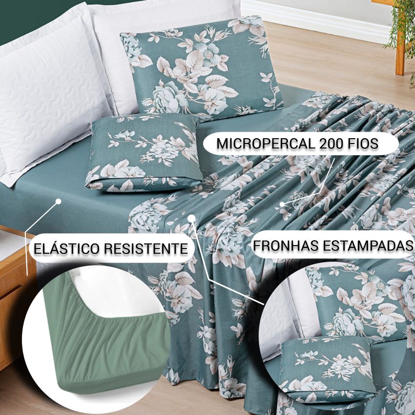 Jogo de Cama King 200 Fios Verde Floral Micro Percal 3 Peças Lençol de  Baixo com Elástico