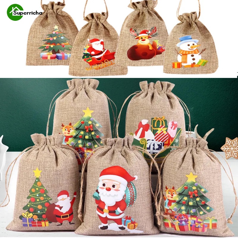 Sacos De Papai Noel Elk Snowman Drawstring Armazenamento/Pulseira Para Lanches De Doces De Jóias/Bolsa Presentes De Linho De Natal Halloween Pouch/Decoração
