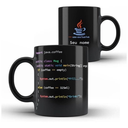 Caneca Preta Programador (a) Java Com Seu Nome Personalizado