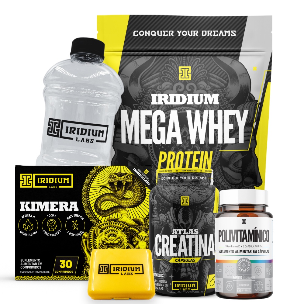 Mega Whey + Kimera Thermo 30 Comps + Atlas Creatina 60 Cáps + Polivitamínico 30 caps + Galão Cristal 1L+ Porta Cápsulas