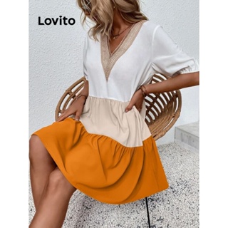 Lovito Vestido Casual Patchwork Colorblock Para Mulheres LNL36028 (Cinza/Amarelo/Preto)