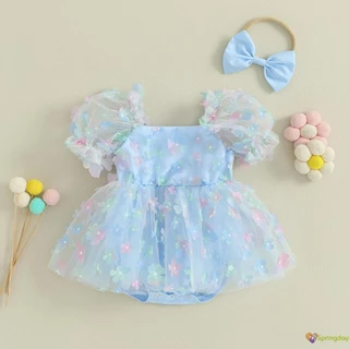 Bebê Meninas Roupas de Verão Manga Curta Puff Flor Tule Macacão Vestido com Faixa de Cabeça