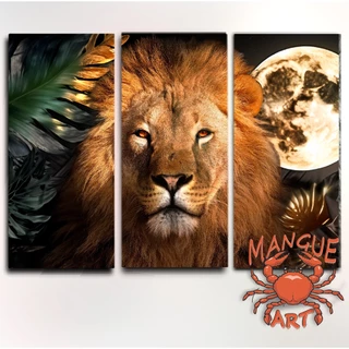 Quadro decorativo leão de juda, lua cheia e plantas tropicais douradas