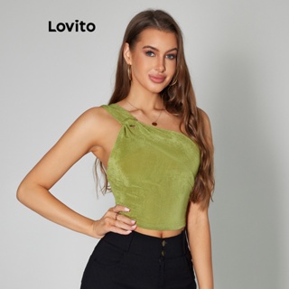 Lovito Top Casual Lisa com Nó Assimétrico para Mulheres LBL05214 (Verde)