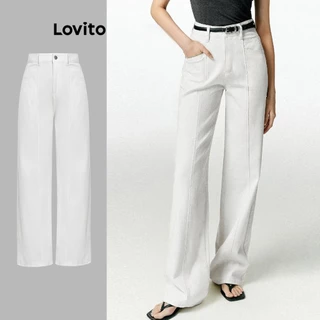 Lovito Elegante Lisa Calça de Denim Lavado com Botão e Zíper L65ED093 (Branca)