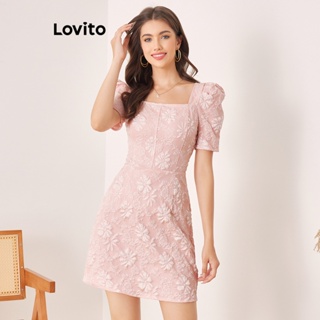 Lovito Vestido com Mangas Bufantes e Estampa Floral Ditsy Estrutura de Linha para Mulheres L56ED108 (Rosa)