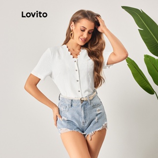 Lovito Blusa Elegante com Estampa de Poá e Babado no Pescoço para Mulheres LBL06129 (Branco)