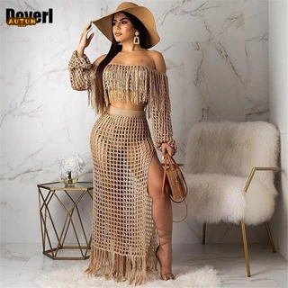 Novo Verão Oco De Perspectiva De Borla De Malha De Moda sexy De Duas Peças