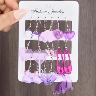9Pair/set Purple Simulation Dinossauro Cogumelo Brincos De Gancho Para Meninas Festa Resina De Coração De Borboleta