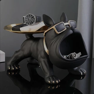 Escultura Decorativa de Cachorro bulldog com Bandeja e Porta Treco de Resina 25cm