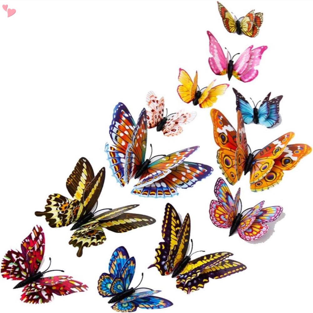 Decoração De Parede Borboleta 3D , 12pcs Decorações De Asas Duplas , Festa , Brilhante Na Escuridão Para De Quarto Adesivos