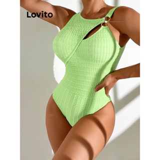 Lovito Maiô Sexy Simples com Decote Frontal para Mulheres LNL37083 (Verde Claro/Preto)
