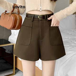 Lovito Shorts Casuais Com Bolso Liso E Zíper Para Mulheres LNE34021 (Café/Preto)