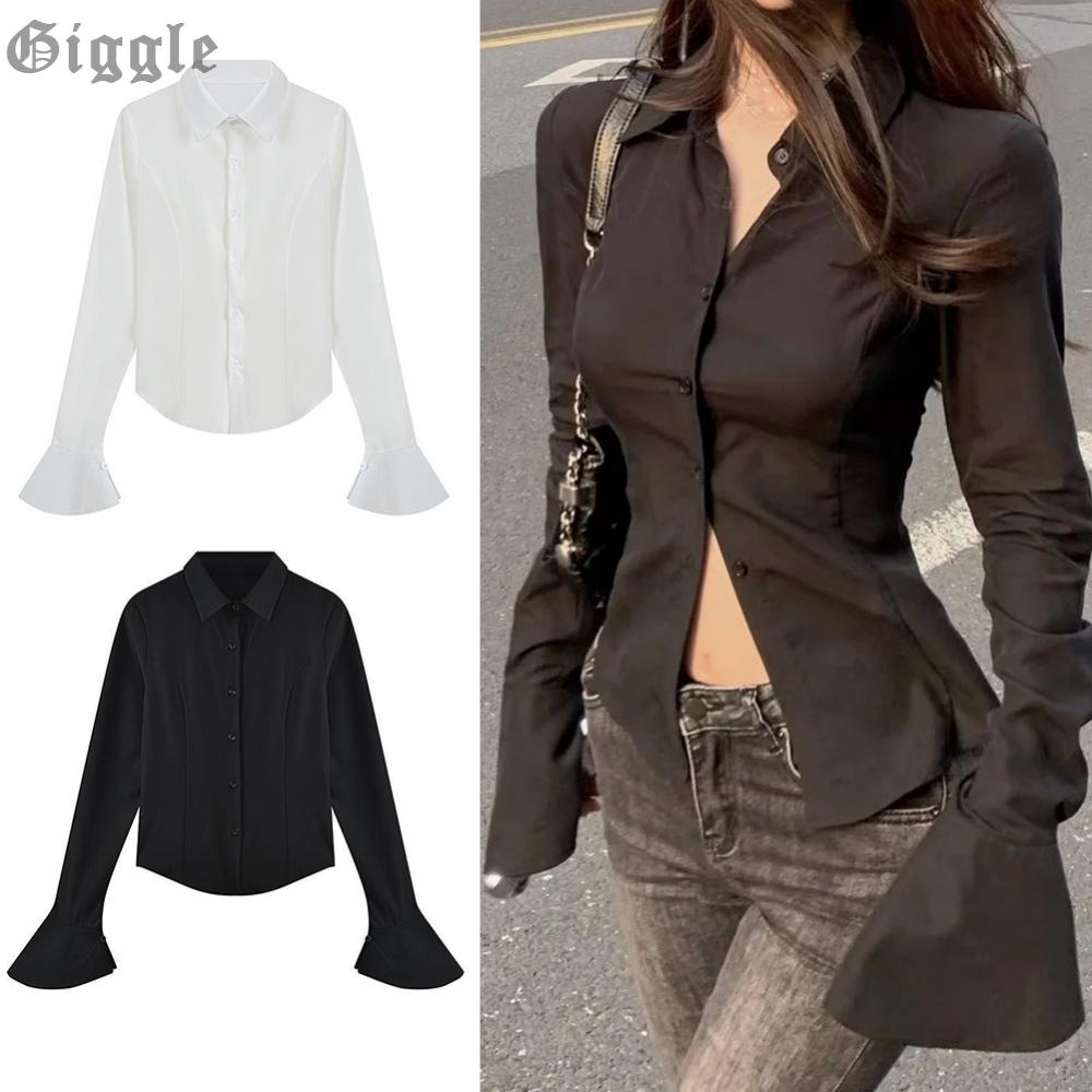 SUNSIOM Women's Button Down Shirt Long Sleeve Lapel Slim Fit Crop Top