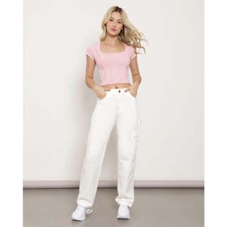 Calça Sarja Feminina Wide Leg Cargo Off White