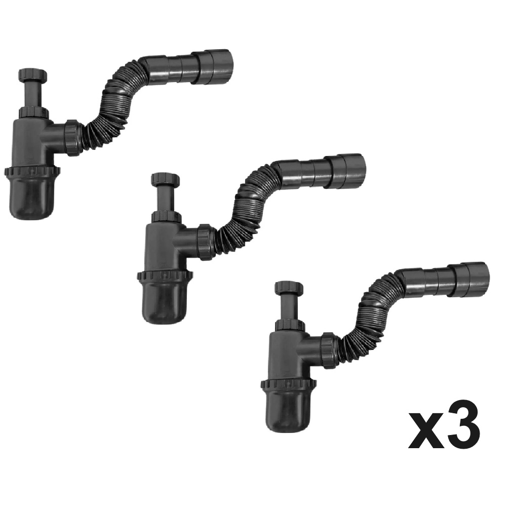 KIT 03 Sifão Sanfonado Copo Preto Universal Pia Cozinha Banheiro