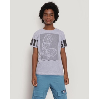 Camiseta Juvenil Manga Curta Estampa Frontal Skate Mescla Cinza