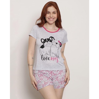 Pijama Feminino Curto Estampa Cachorrinhos Cinza