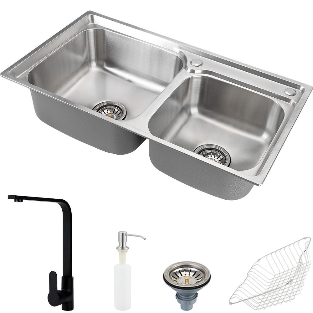 Cuba para cozinha pia dupla com acessórios e Ticunas e Torneira monocomando gourmet Tapajós Preta Pingoo