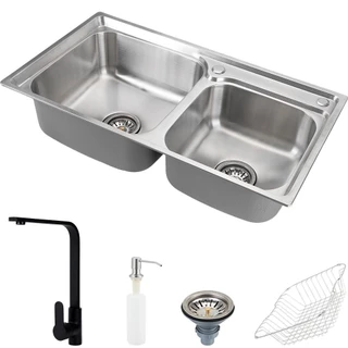 Cuba para cozinha pia dupla com acessórios e Ticunas e Torneira monocomando gourmet Tapajós Preta Pingoo em Oferta na Shopee