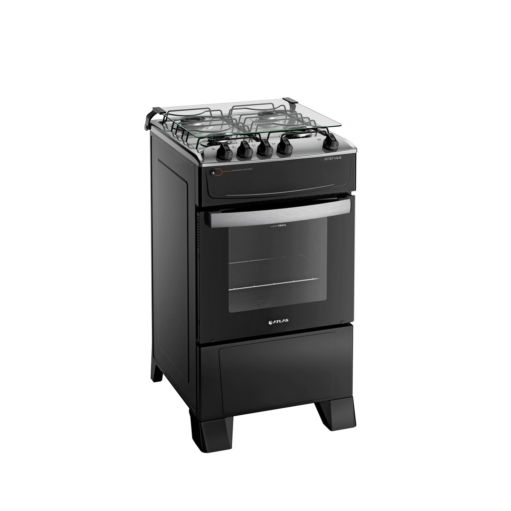 Fogão 4 Bocas Preto com Mesa Inox Atlas Atenas Bivolt