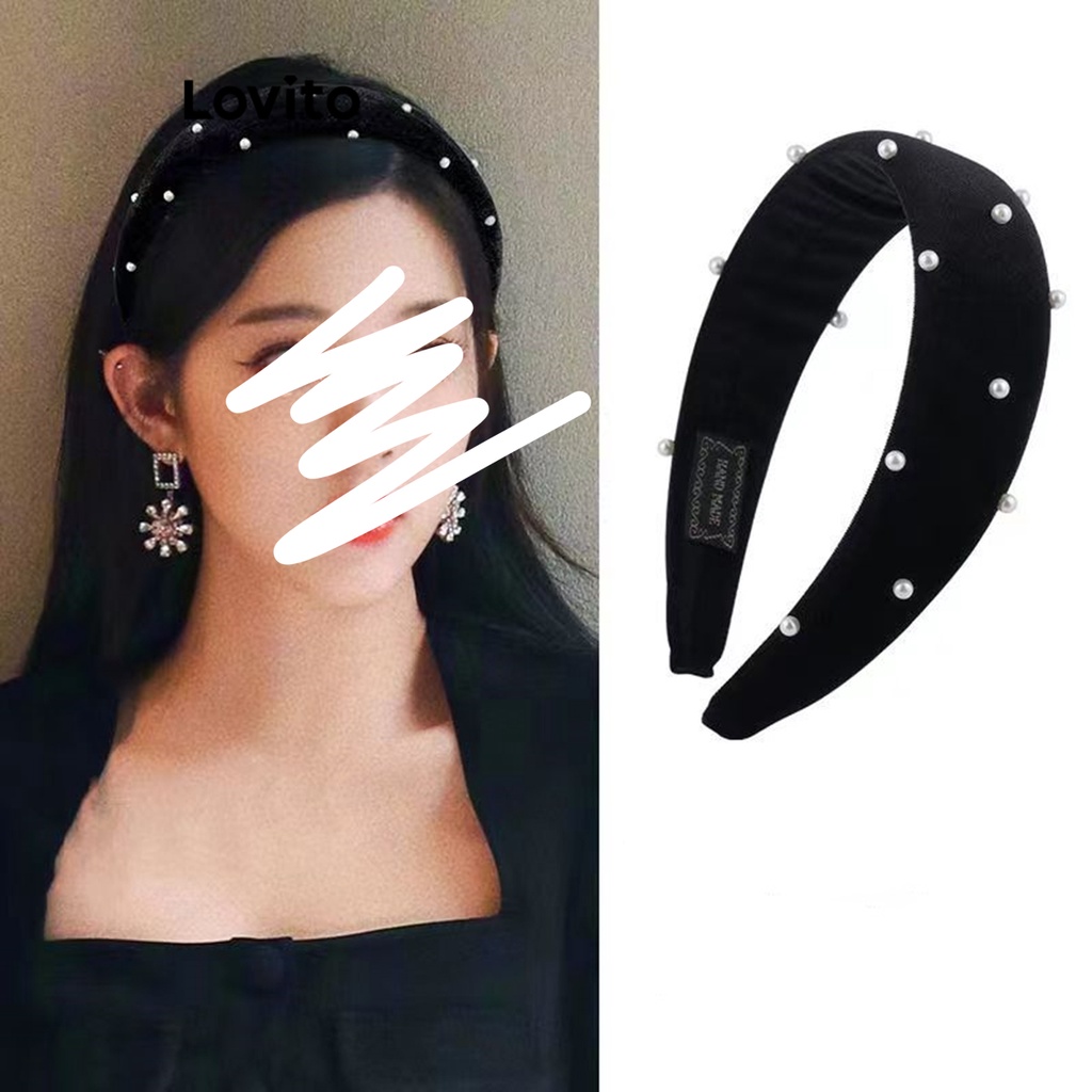 Lovito Vintage Tiara de Cabelo Feminina Barroca de Veludo com Pérolas