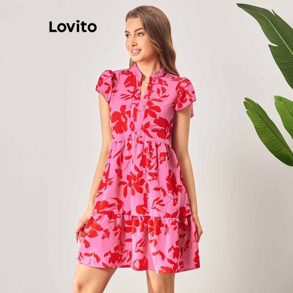 Lovito Vestido Boho Floral com Babados em Camadas e Fenda Frontal para Mulheres LBL06134 (Rosa Choque/Preto e Branco)