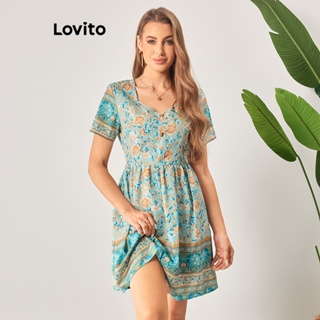 Lovito Vestido Boho com Estampa Tribal e Detalhes de Tecido para Mulheres LBL06040 (Azul Teal)