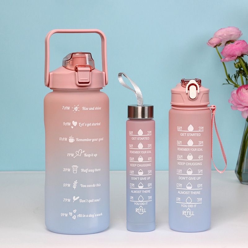 Kit 3 Garrafas de Água Squeeze Motivacional Com Adesivos 300ML+900ML+2000ML