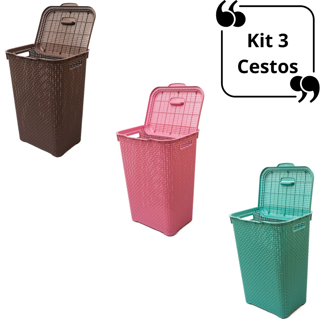 Kit 3 Cesto De Roupa Suja De Lavanderia 60l Lottus Ratan Com Tampa Multiuso Flexível Organizador Brinquedos Quarto