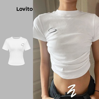 Lovito Camiseta Feminina Casual Com Estampa Plissada Lisa L73AD011