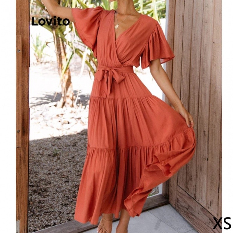 Lovito Boho V Neck Front Lace manga curta Maxi Mulheres Vestido LNE15159 (Laranja) 4402