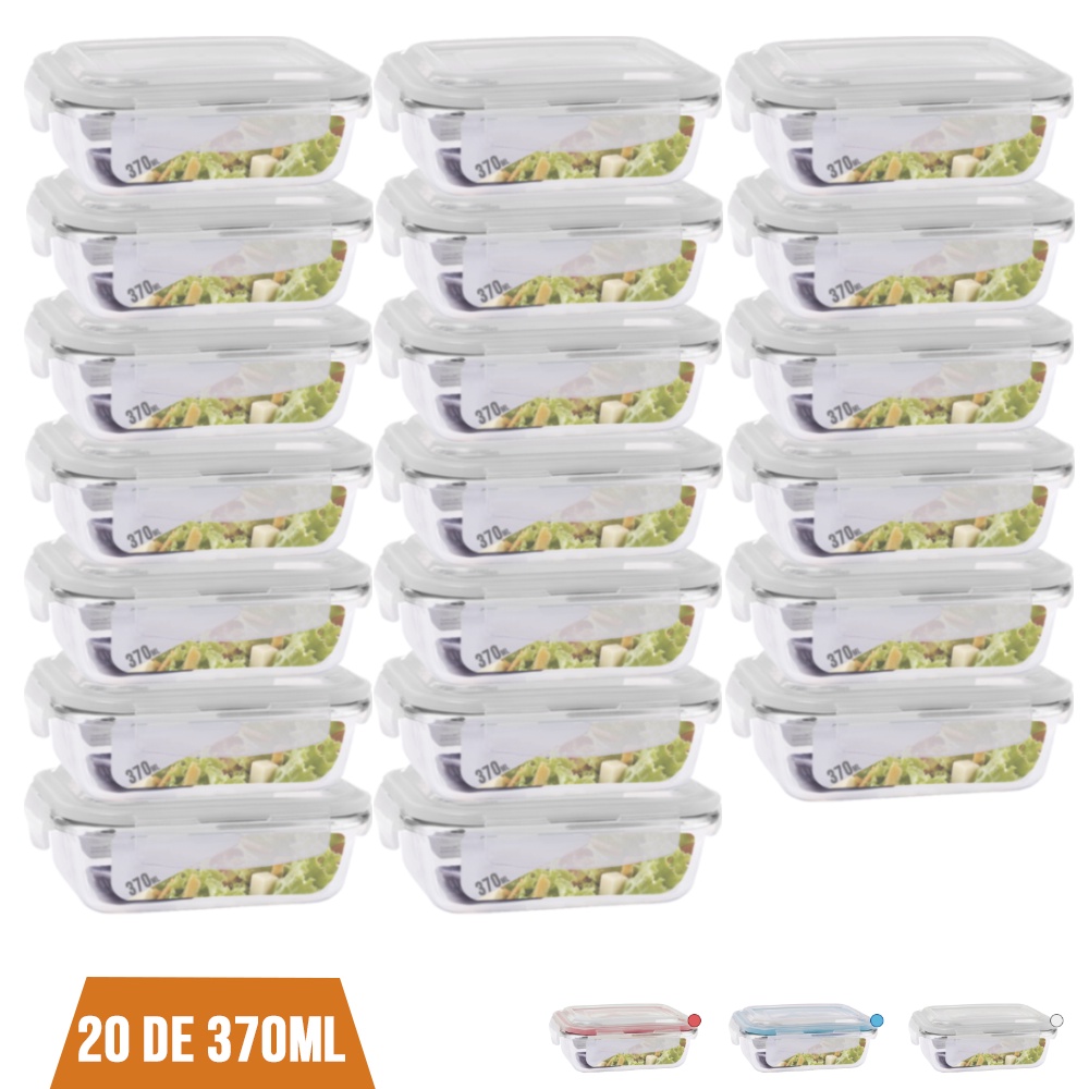 Kit 20 Pote 370ml Retangular Hermética Vidro Marmita Fitness