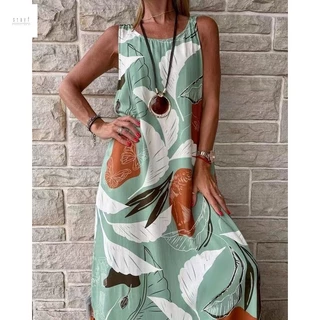 Vestidos De Verão Casuais De Praia Sem Mangas De O-neck Longo Para Moda Feminina Boho Floral Impressão Loose Maxi 2023